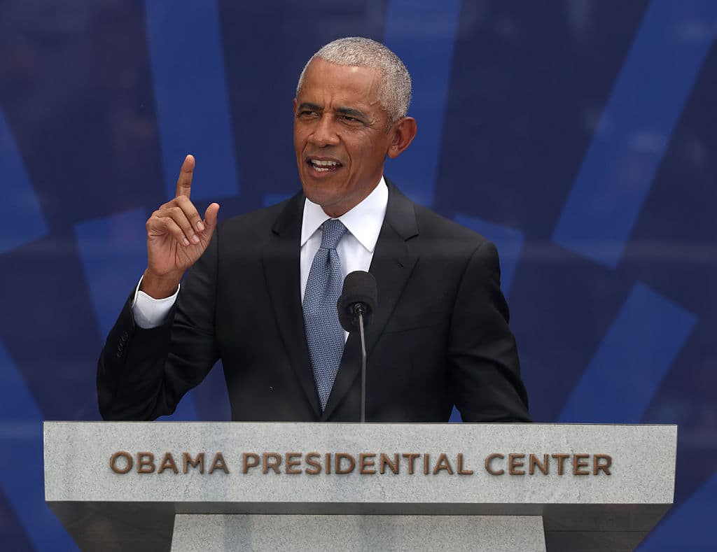 Former President Barack Obama speaks during the dedication ceremony for the Obama Presidential Center